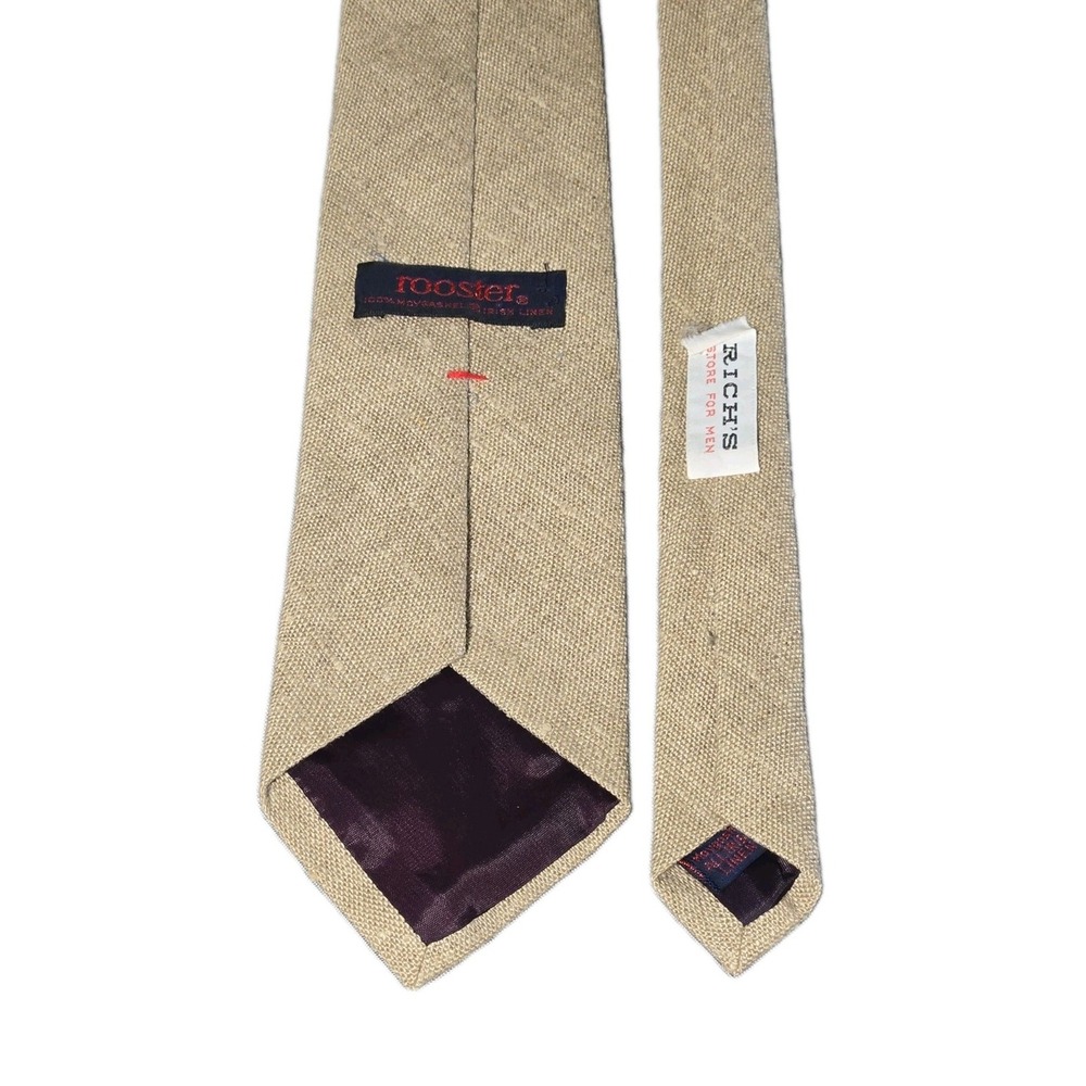 Vintage Rooster Tie Mens Tan Beige Moygashel 100% Irish Linen Richs Necktie NOS